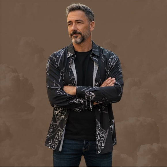 Men’s Vintage style Stylish Black and Gray Graphic Shirt Jacket new without tags - Picture 8 of 14